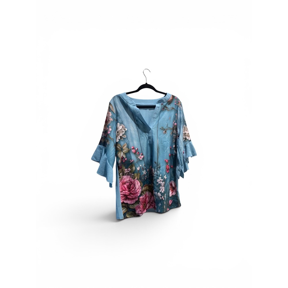 Floral Print Ruffle Sleeve Art Boho‎ Tunic Top Blue V-Neck Cotton Blend Size M